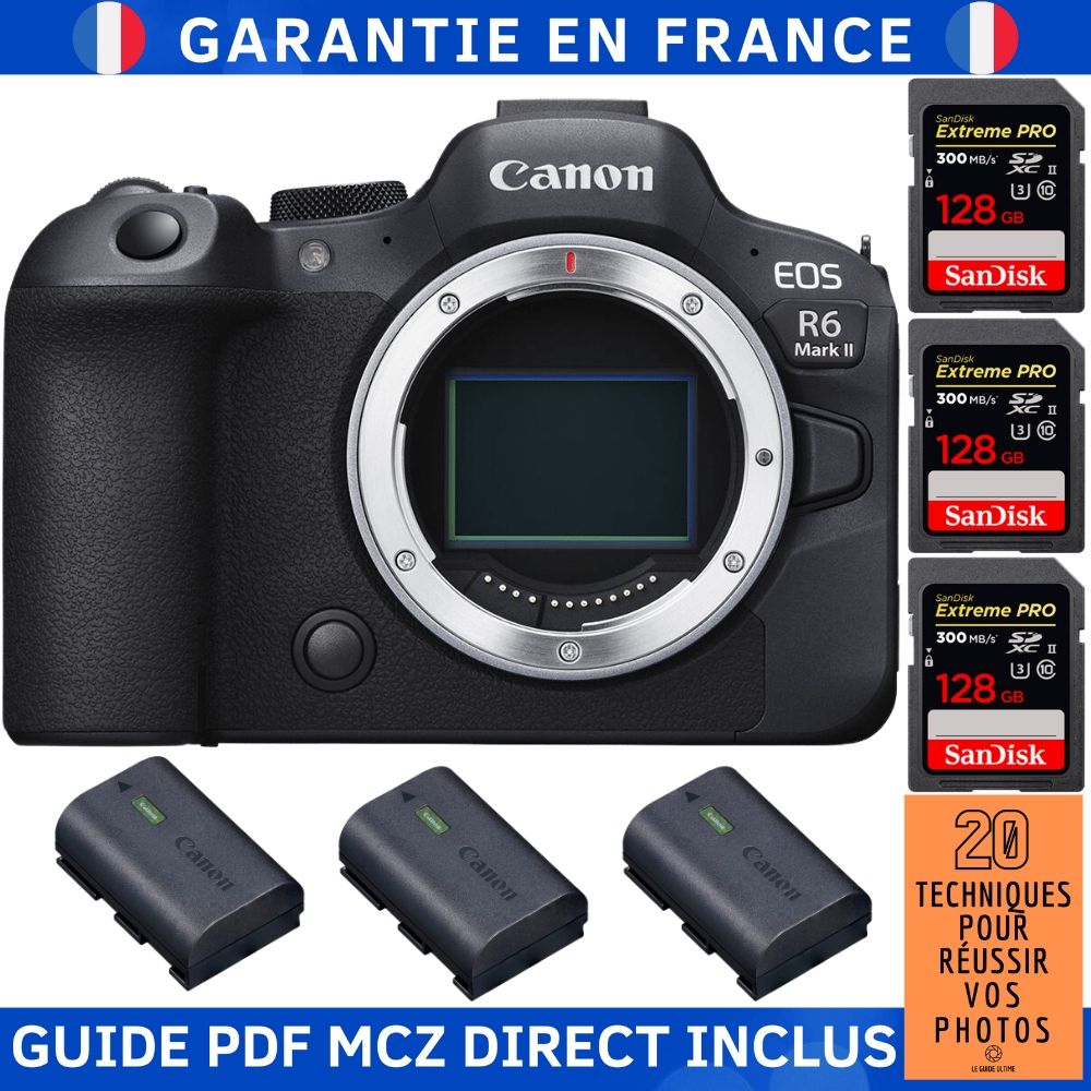 Canon EOS R6 Mark II Camera Body + 3 SanDisk 128GB Extreme PRO UHS-II SD Cards + 3 Canon LP-E6NH Batteries + MCZ DIRECT '20 Techniques for Succeeding with Photos' Guide