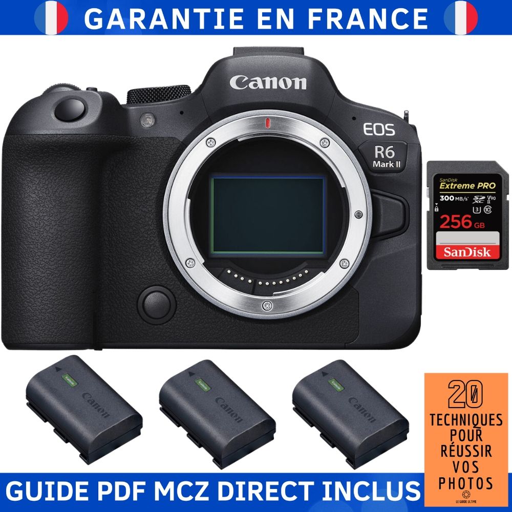 Canon EOS R6 Mark II Camera + 1 SanDisk 256GB Extreme PRO UHS-II 300MB/s Card + 3 Canon LP-E6NH Batteries + MCZ DIRECT '20 Techniques Guide