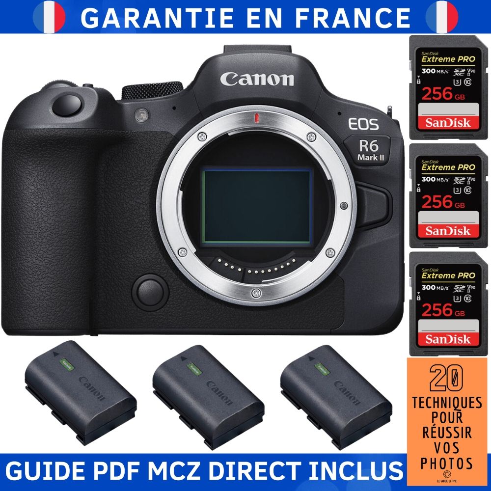 Canon EOS R6 Mark II Camera Body + 3 SanDisk 256GB Extreme PRO UHS-II 300MB/s Cards + 3 Canon LP-E6NH Batteries