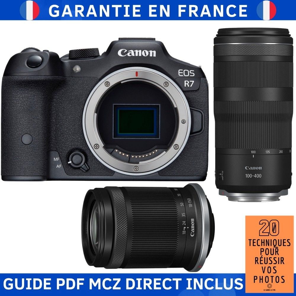 Kit de cámara Canon EOS R7 + Objetivo RF-S 18-150mm F3.5-6.3 IS STM + Objetivo RF 100-400mm f/5.6-8 IS USM + Guía PDF MCZ DIRECT '20 Técnicas para Lograr Fotos Exitosas