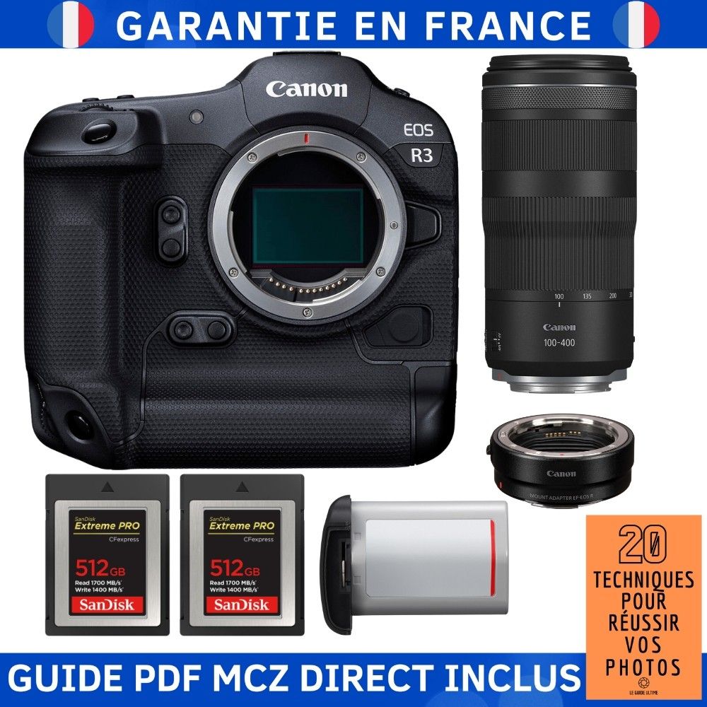 Canon EOS R3 + objectif RF 100-400mm f/5,6-8 IS USM + 2 cartes SanDisk 512 Go Extreme PRO CFexpress Type B + 1 batterie Canon LP-E19 + adaptateur Canon EF-EOS R