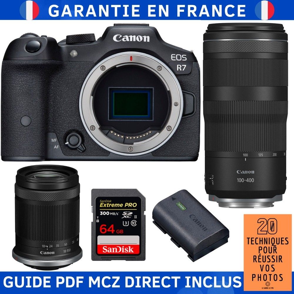 Canon EOS R7 + RF-S 18-150mm IS STM + RF 100-400mm IS USM + 1 SanDisk 64Go Extreme PRO UHS-II SDXC 300 Mo/s + 1 Canon LP-E6NH + Guide PDF MCZ DIRECT '20 Techniques pour réussir vos photos
