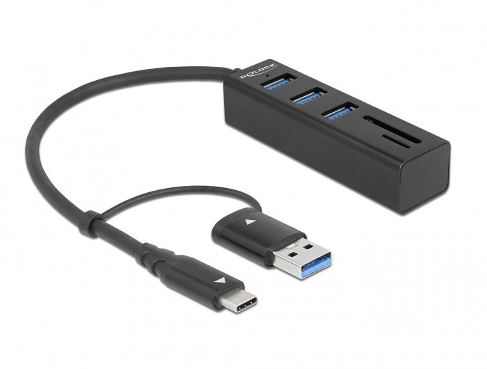 Hub DeLOCK de 3 puertos USB 3.2 Gen + lector de tarjeta SD y Micro SD con conector USB Tipo-C o USB Tipo-A