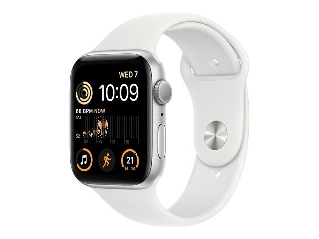 Apple Watch SE (GPS) 2nd Gen - 44mm - Silver Aluminium - Sport Band - Fluoroelastomer - White - Regular Size - 32GB - Wi-Fi, Bluetooth