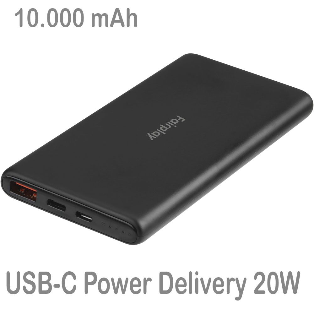 Fairplay 10,000mAh External Battery Powerbank (Black) - 20W USB-C Power Delivery