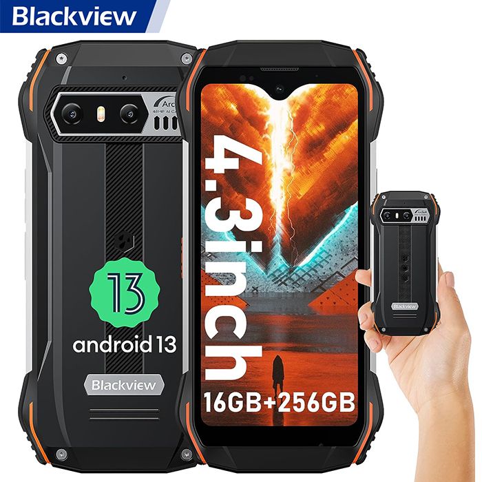Blackview N6000 Mini Unbreakable Smartphone, 4.3" Screen, 16MP+48MP Cameras, 16GB+256GB, Dual SIM, Android 13