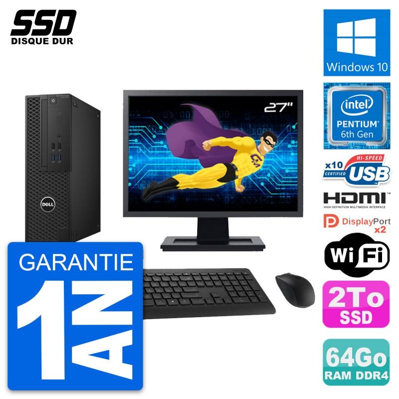 Dell T3420 SFF Computer - 27" Screen, Pentium G4400, 64GB RAM, 2TB SSD, HDMI, WiFi, Windows 10