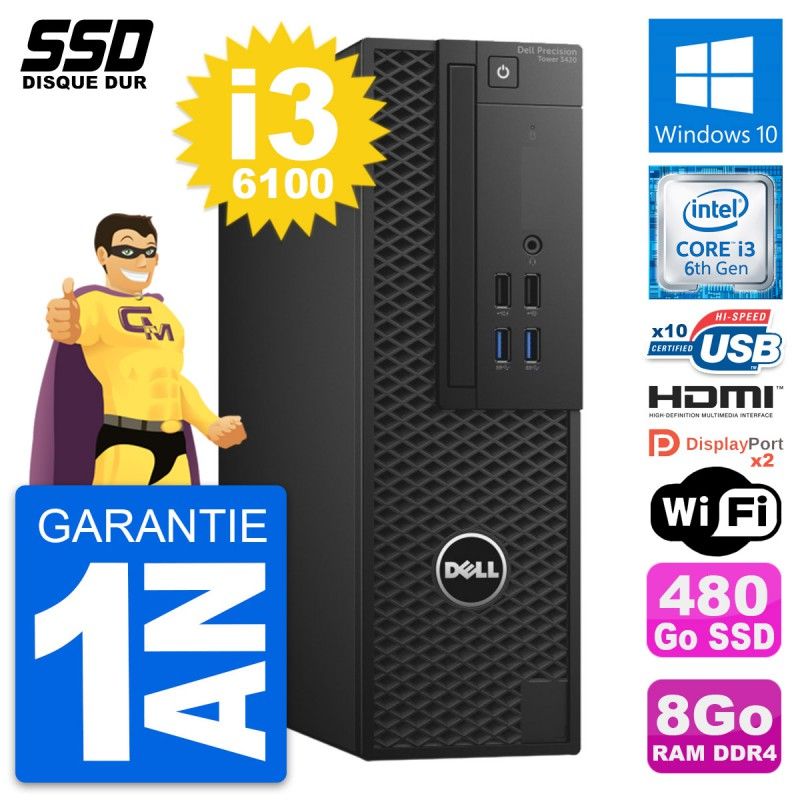 Dell Precision T3420 SFF Desktop - Core i3-6100, 8GB RAM, 480GB SSD, HDMI, Windows 10, WiFi