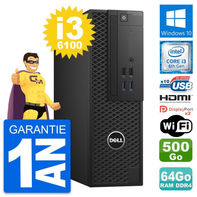 Dell Precision T3420 SFF Desktop - i3-6100, 64GB RAM, 500GB HDD, HDMI, WiFi, Windows 10