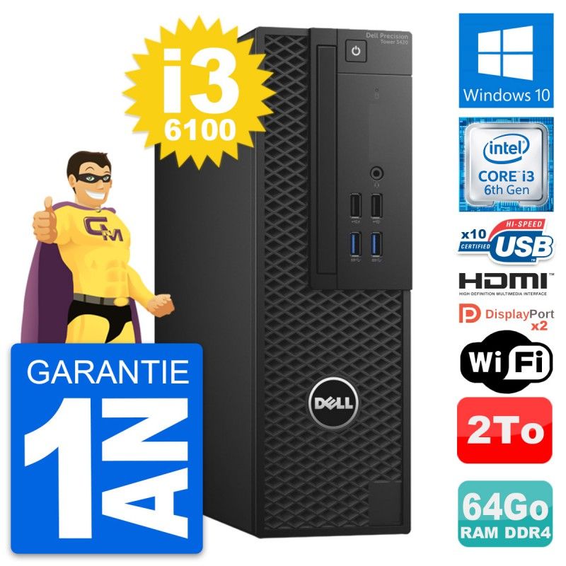 Dell Precision T3420 SFF Desktop - i3-6100, 64GB RAM, 2TB HDD, Windows 10, WiFi