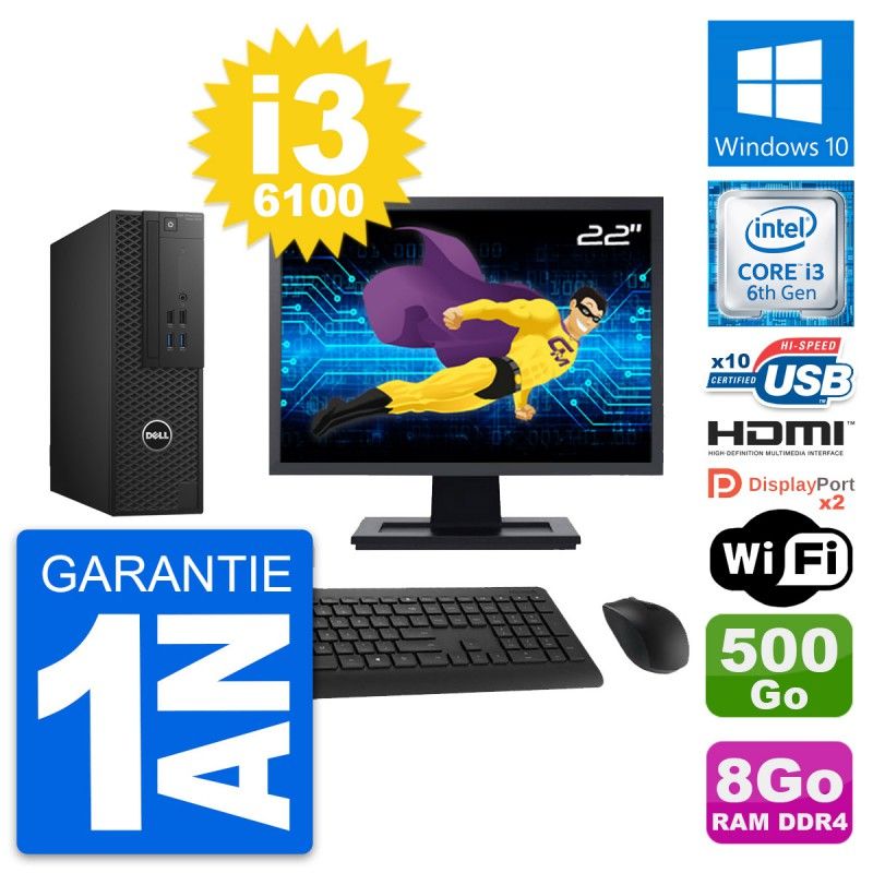Dell T3420 SFF Desktop Computer - 22" Screen, i3-6100, 8GB RAM, 500GB HDD, HDMI, WiFi, Windows 10
