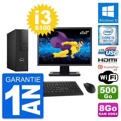Dell T3420 SFF Desktop Computer - 22" Screen, i3-6100, 8GB RAM, 500GB HDD, HDMI, WiFi, Windows 10