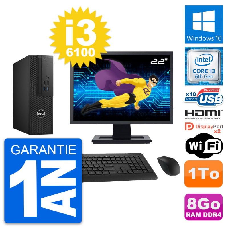 Dell T3420 SFF Desktop Computer - 22" Screen, i3-6100, 8GB RAM, 1TB HDD, HDMI, WiFi, Windows 10