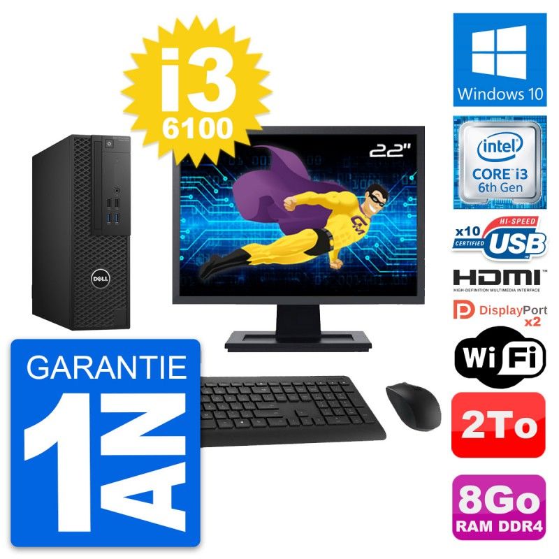 Dell T3420 SFF Computer - 22" Screen, i3-6100, 8GB RAM, 2TB HDD, HDMI, WiFi