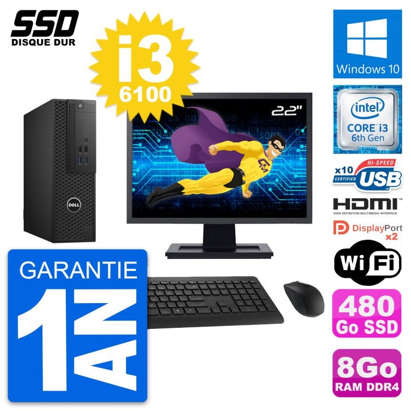 Dell T3420 SFF Computer - 22" Screen, Intel i3-6100, 8GB RAM, 480GB SSD, HDMI, WiFi