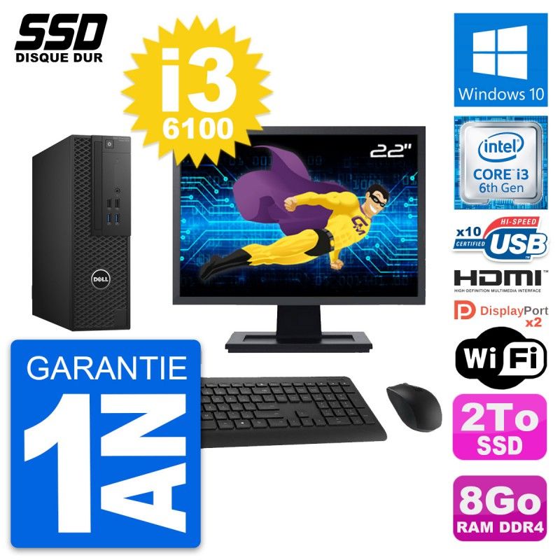 Dell T3420 SFF Computer - 22" Screen, Intel i3-6100, 8GB RAM, 2TB SSD, HDMI, Windows 10, Wifi