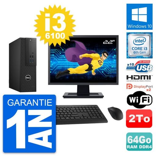 Dell T3420 SFF Desktop - 22" Screen, i3-6100, 64GB RAM, 2TB HDD, HDMI, WiFi, Windows 10