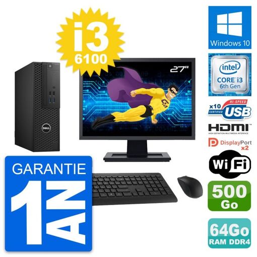 Computadora de escritorio Dell T3420 SFF - Pantalla de 27", Intel Core i3-6100, 64 GB de RAM, 500 GB de almacenamiento, HDMI, WiFi