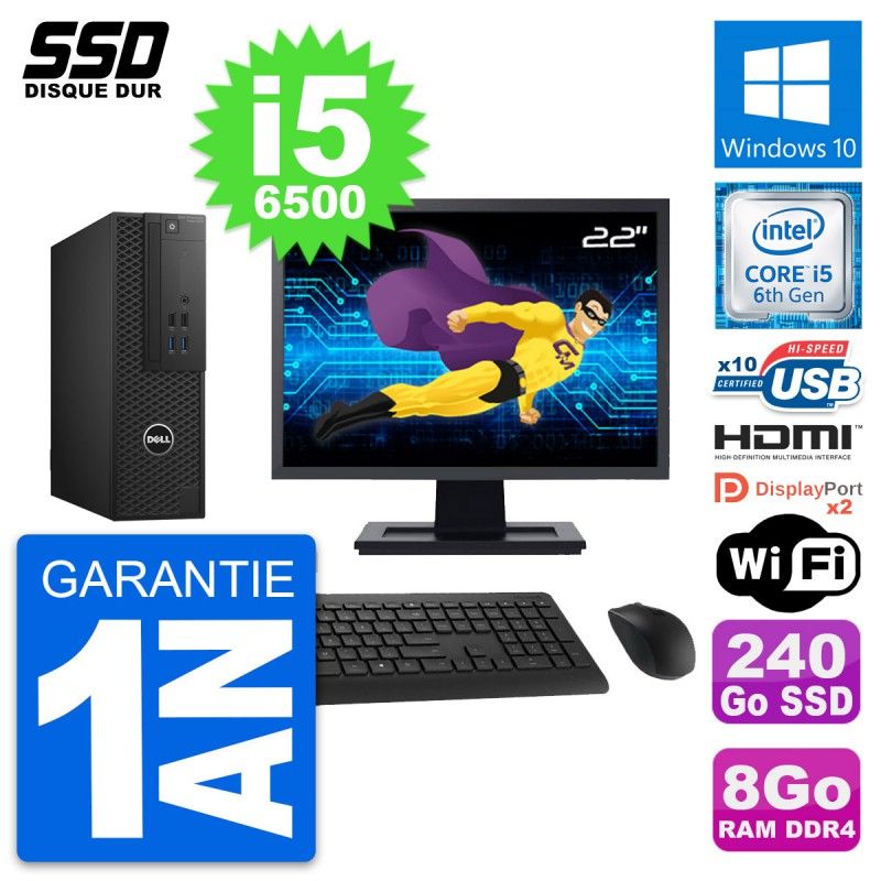 Dell T3420 SFF Desktop Computer, 22" Screen, Intel i5-6500, 8GB RAM, 240GB SSD, HDMI, Windows 10, WiFi