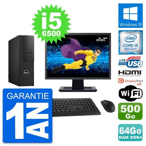 Dell T3420 SFF Desktop Computer - 22" Screen, i5-6500, 64GB RAM, 500GB HDD, HDMI, Windows 10, Wi-Fi