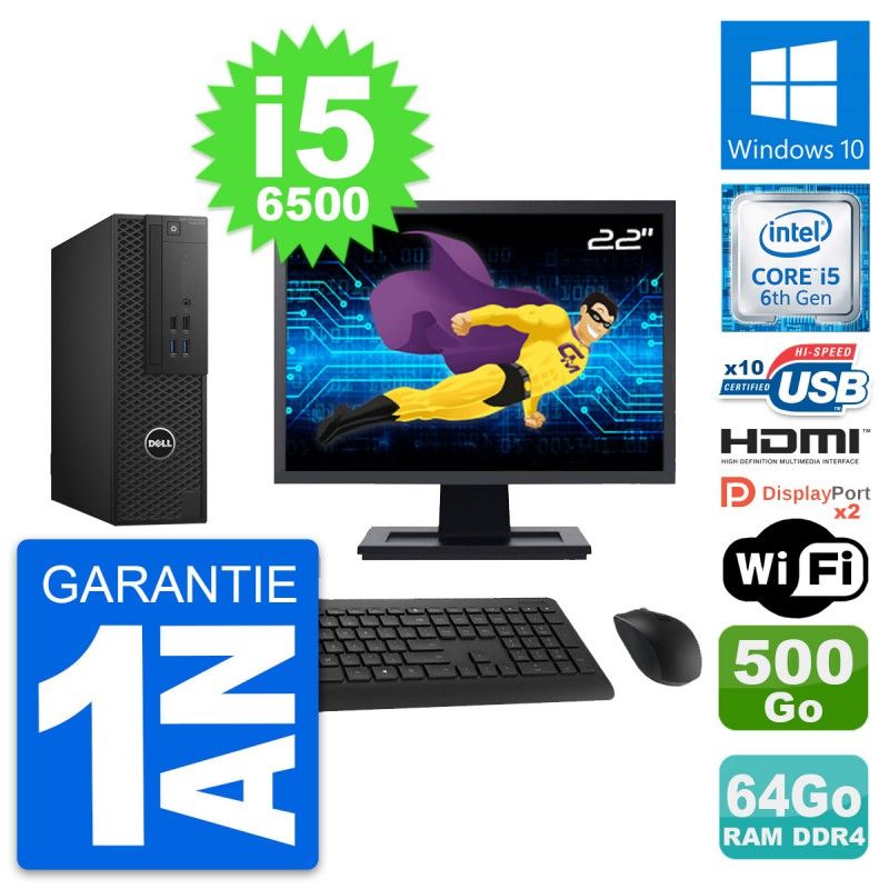 Dell T3420 SFF Desktop Computer - 22" Screen, i5-6500, 64GB RAM, 500GB HDD, HDMI, Windows 10, Wi-Fi