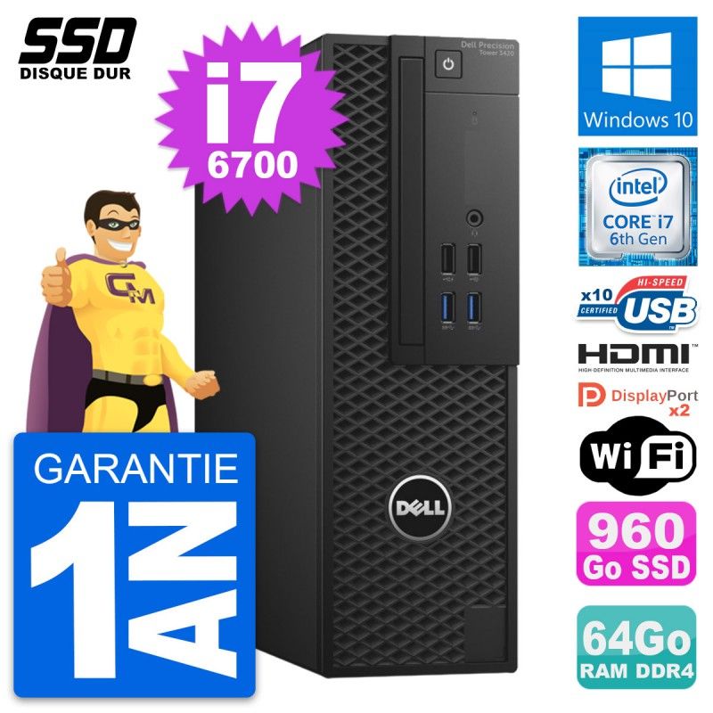 Dell Precision T3420 SFF Desktop - Core i7-6700, 64GB RAM, 960GB SSD, HDMI, Windows 10, WiFi
