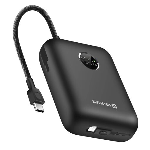 Batería externa Swissten de 30000 mAh con cables USB-C y Lightning integrados