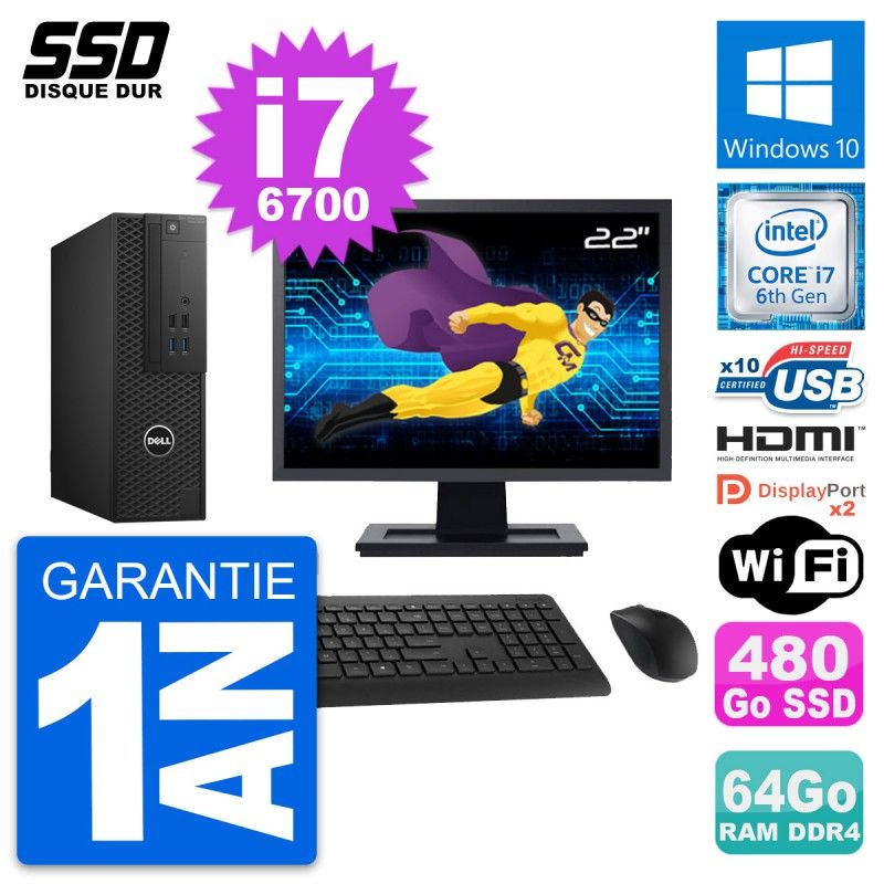 Dell T3420 SFF Computer - 22" Screen, Core i7-6700, 64GB RAM, 480GB SSD, HDMI, Windows 10, Wifi