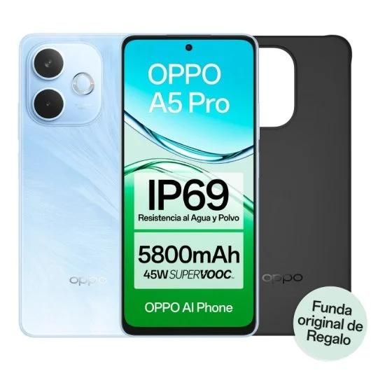 Teléfono inteligente OPPO A5 Pro 4G - Pantalla de 6.67" 90Hz, 8GB/256GB, Cámara de 50MP, IP69, 5800mAh, Carga rápida de 45W, Azul