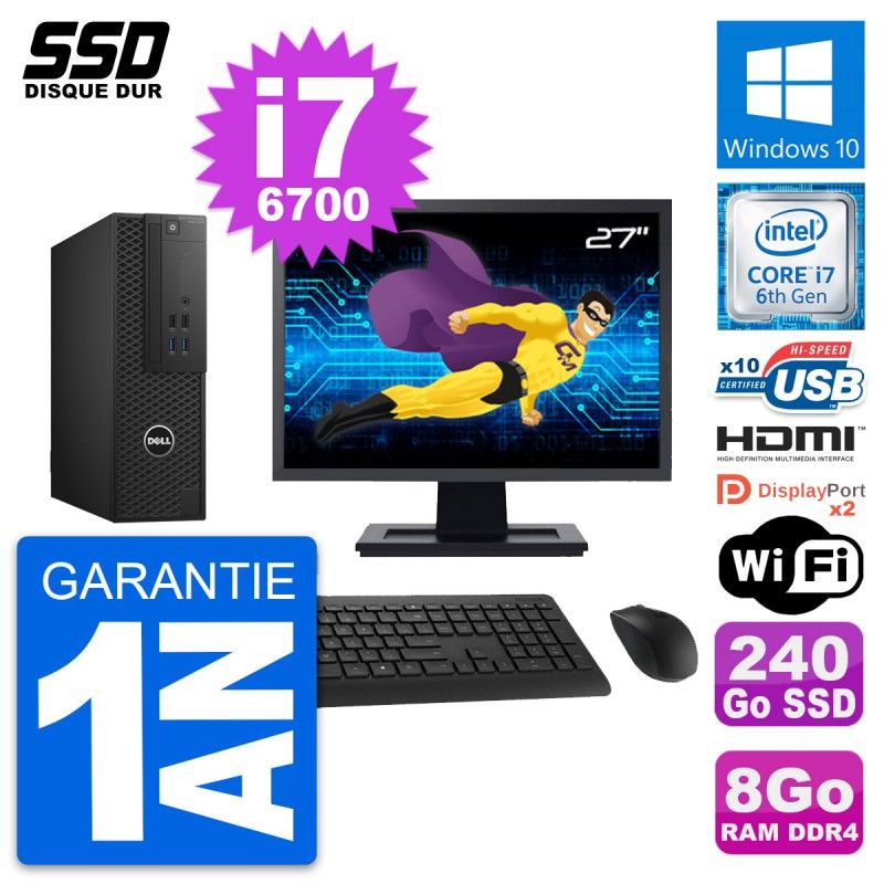 Dell T3420 SFF Computer - 27" Screen, Intel i7-6700, 8GB RAM, 240GB SSD, HDMI, WiFi, Windows 10