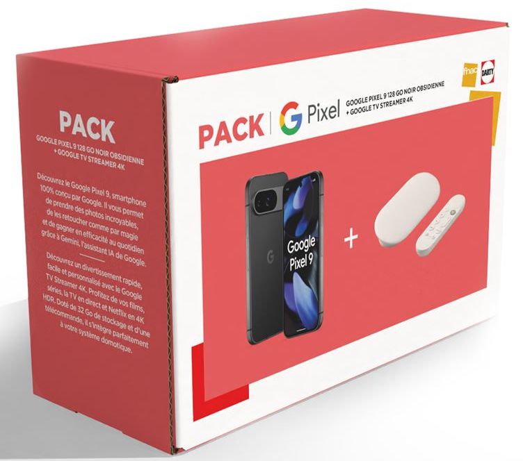 Google Pixel 9 Smartphone Pack, 6.3" 5G, Double SIM, 128GB, Obsidian Black + 4K Streamer, White