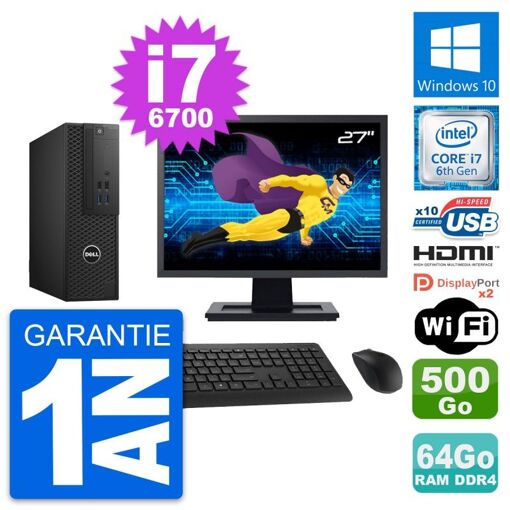 Ordinateur de bureau Dell T3420 SFF - Écran 27'', i7-6700, 64 Go de RAM, 500 Go SSD, HDMI, Wi-Fi