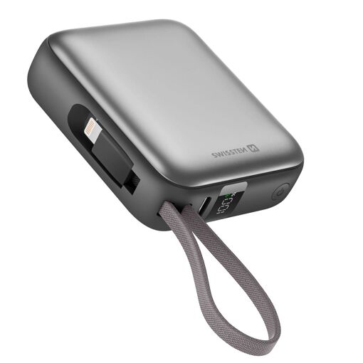 Batería externa Swissten de 10.000 mAh ultra compacta con cables USB-C y Lightning - Plata