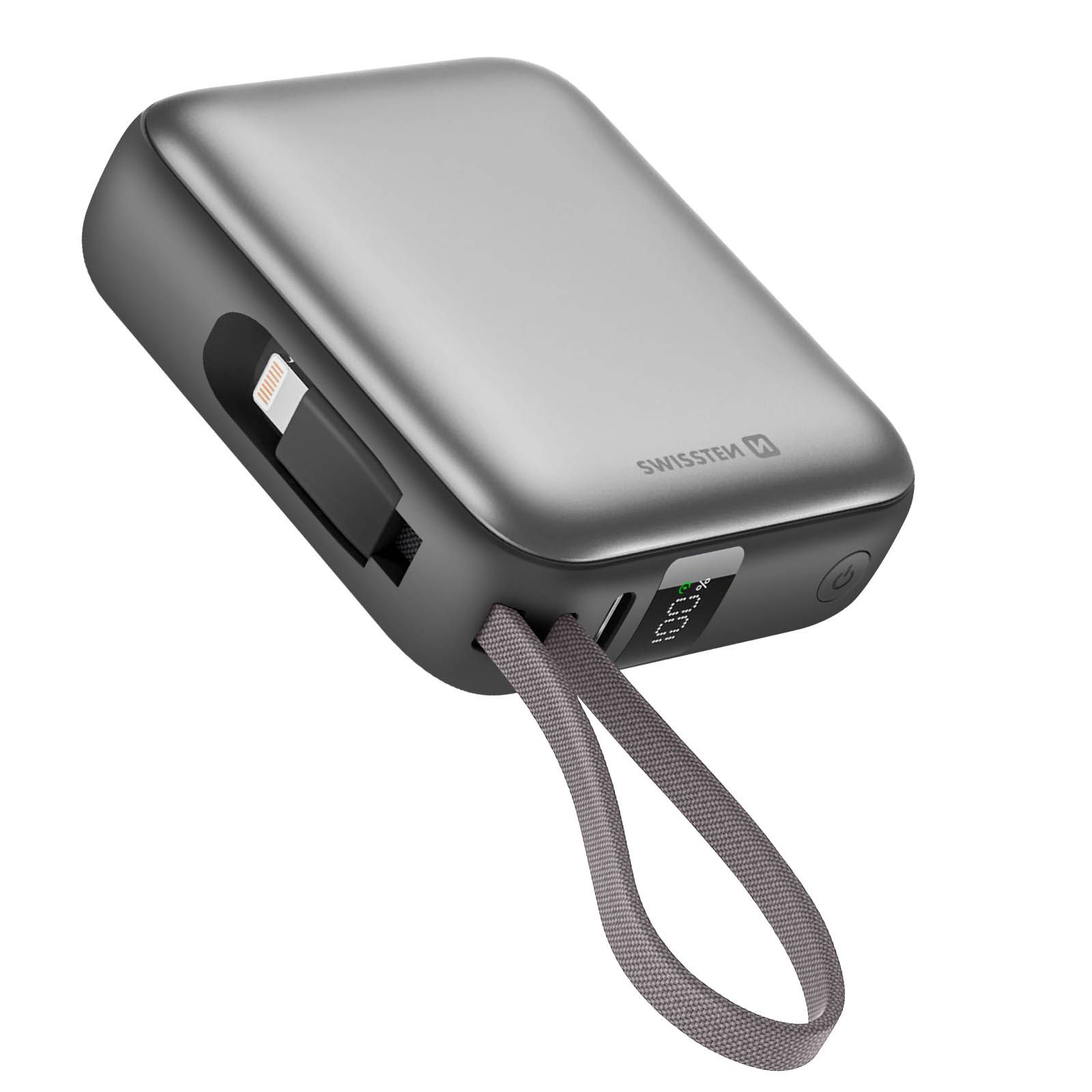 Batería externa Swissten de 10.000 mAh ultra compacta con cables USB-C y Lightning - Plata