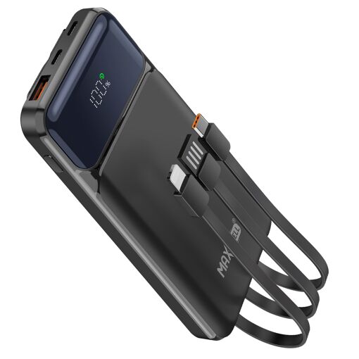 Batería portátil Maxexcell 10000mAh con puertos USB-C, Lightning y USB - Negro