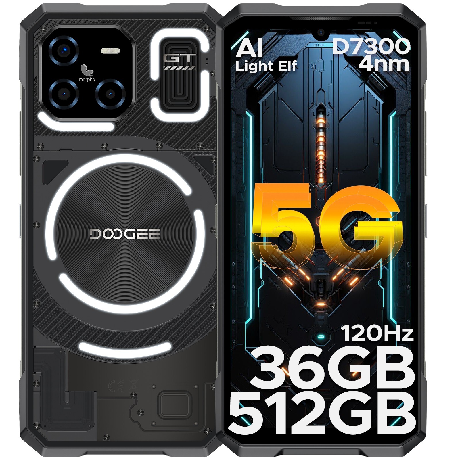 DOOGEE Blade GT Ultra 5G Smartphone - 36GB RAM + 512GB ROM, 6.72' FHD+ Display, LED Dynamic Lighting, 4nm MediaTek 7300 Octa-Core Processor, Camera 100MP AI Primary + 32MP Front, IP68 Waterproof and Dustproof, NFC, Face ID, BT5.2