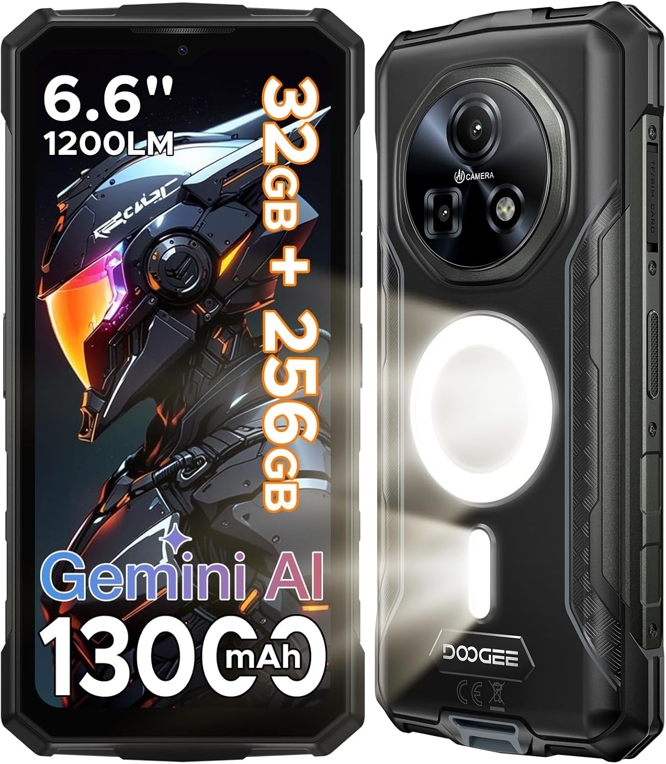 Doogee Fire 5 Ultra Rugged Smartphone - 6.6" HD+ 90Hz IPS, 48MP AI Camera, 13000mAh Battery, 32GB+256GB Storage, Double SIM/NFC, Black