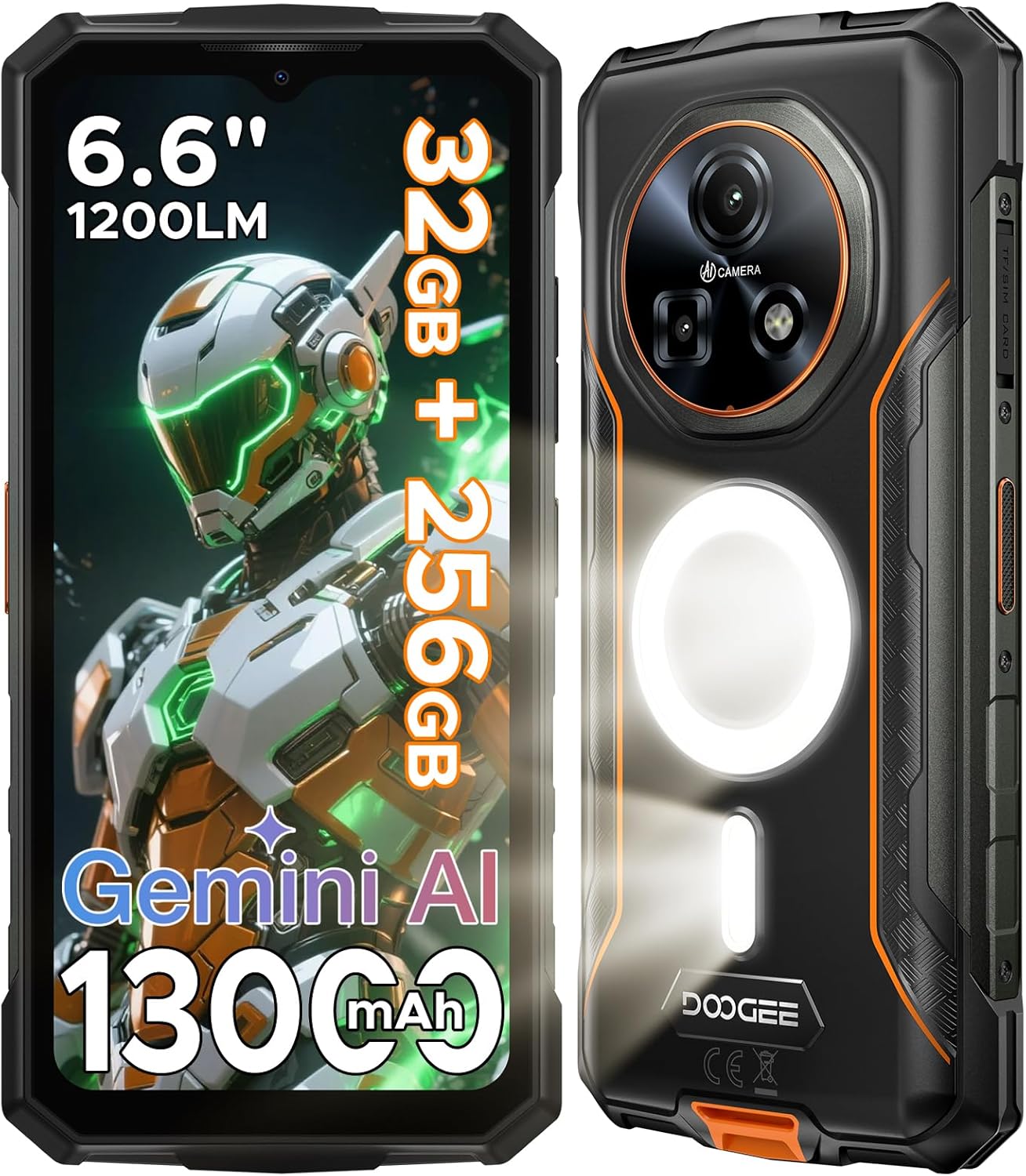 Doogee Fire 5 Ultra - Rugged 6.6" Smartphone with 32GB+256GB, 48MP AI Camera, 13000mAh Battery, Orange