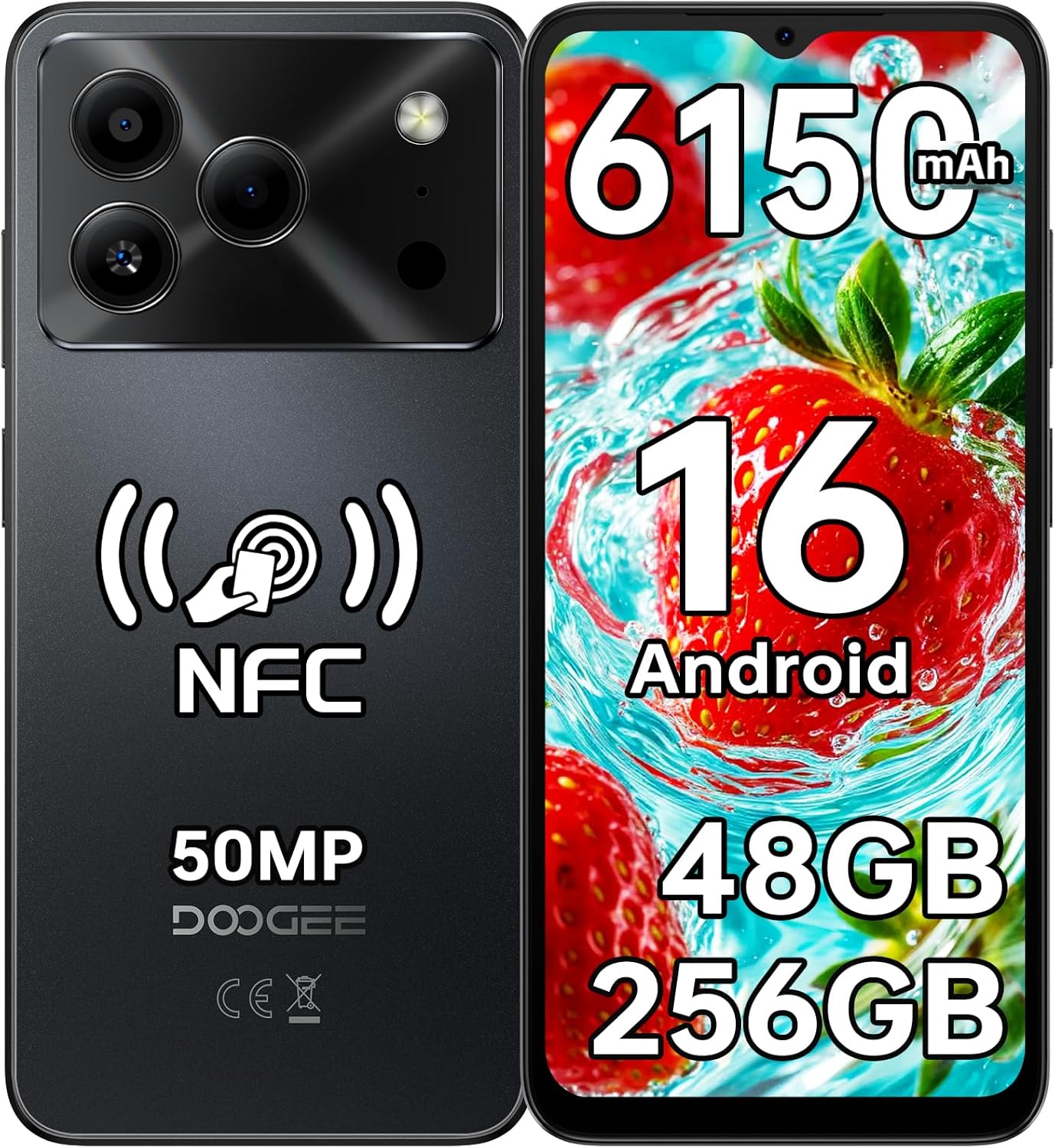 Doogee Note56 Plus 48GB+256GB Smartphone - Android 16, 6.56" HD+ Screen, 90Hz Refresh Rate, 6150mAh Battery, 50MP Camera, NFC, Fingerprint, Face Recognition