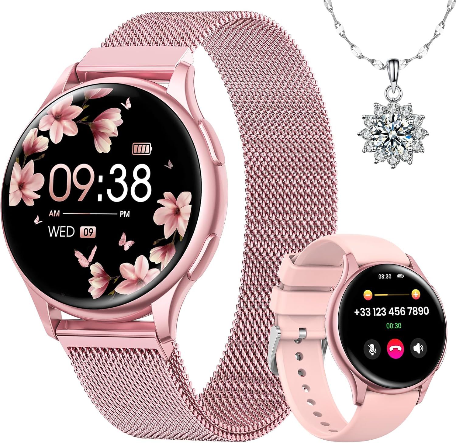 Reloj inteligente para mujeres con llamada Bluetooth 1,27" monitoreo de salud femenino 24 horas ritmo cardíaco SpO2 seguimiento del sueño 120+ modos deportivos podómetro Android iOS Rosa
