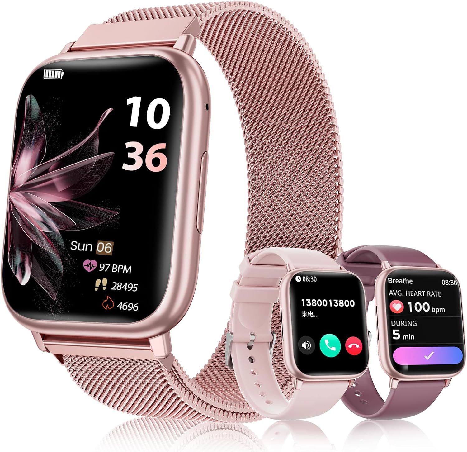 Smartwatch Women's Watch with Bluetooth Calling, 1.83'' Screen, SpO2, Blood Pressure Monitoring, Sleep Tracking, 24-Hour Heart Rate, 100+ Sports Modes, Podometer for Android/iOS (Pink)