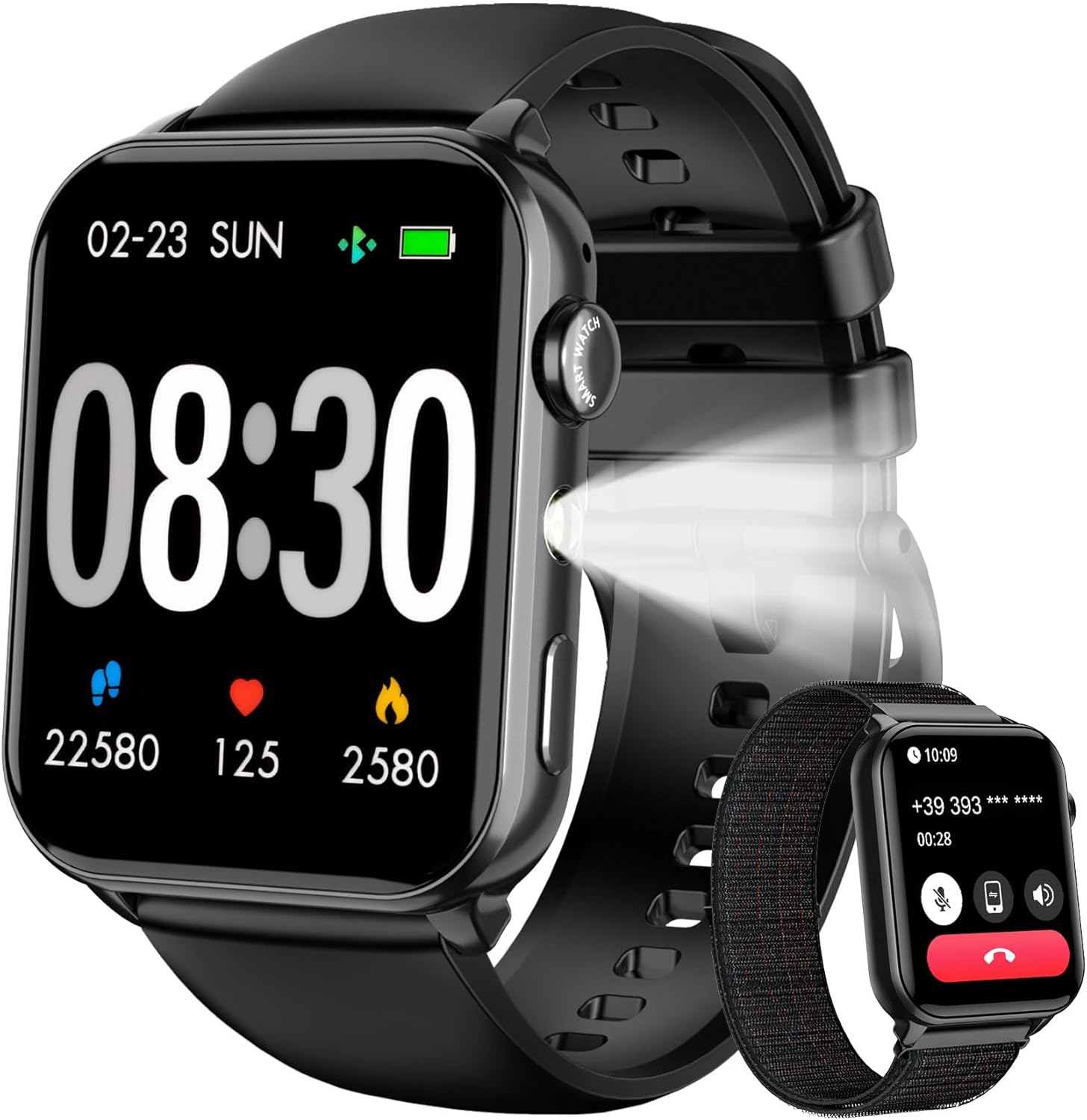 Smartwatch for Men and Women with Bluetooth Calls, LED Light, SpO2 Tracking, Sleep Monitoring, 350mAh Battery (6+ Days), 2 Silicone/Nylon Straps, Android/iOS
