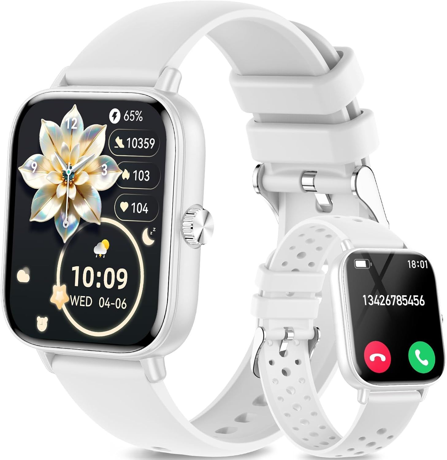 Reloj inteligente HD de 1.83 pulgadas con llamadas Bluetooth, pantalla táctil personalizable, resistente al agua IP68 para Android/iOS, blanco