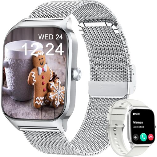 Monre Connectée Homme Femme, Écran AI de 1,85 pouce avec Pression Artérielle, Suivi du Stress, Analyse du Sommeil, Fréquence Cardiaque, 100+Bracelets Sportifs, Cadeau pour Android iOS