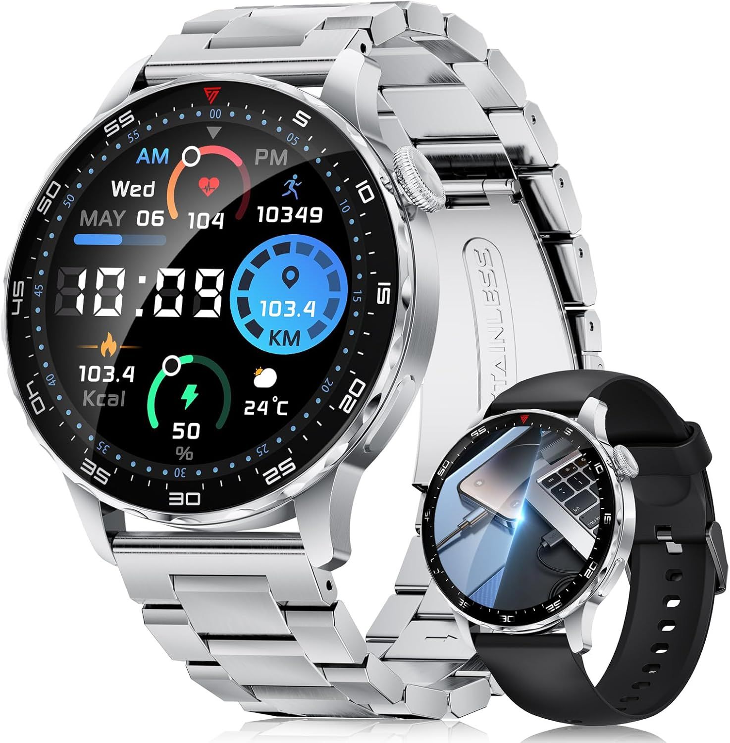 Men's Smartwatch with Bluetooth Calls, 750mAh, 1.43" AMOLED Display, Over 120 Sports Modes, Calories/SpO2/Heart Rate/Sleep Monitor for Android iOS