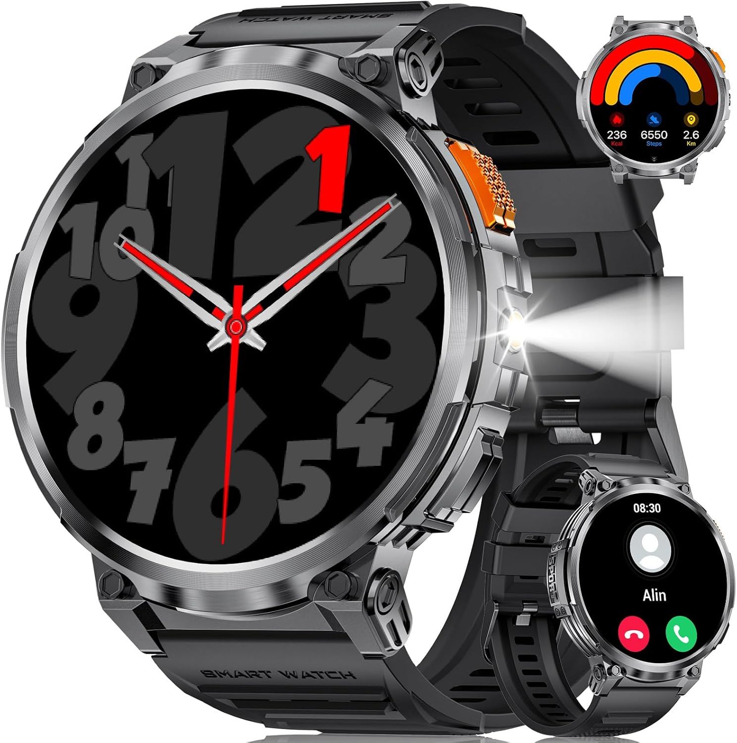 Men's Smartwatch, 1.85'' HD Screen with 730mAh Battery, Bluetooth Calls/LED Flashlight/130+ Sport Modes, SpO2/Heart Rate/Blood Pressure/Sleep Tracking for Android iOS Black