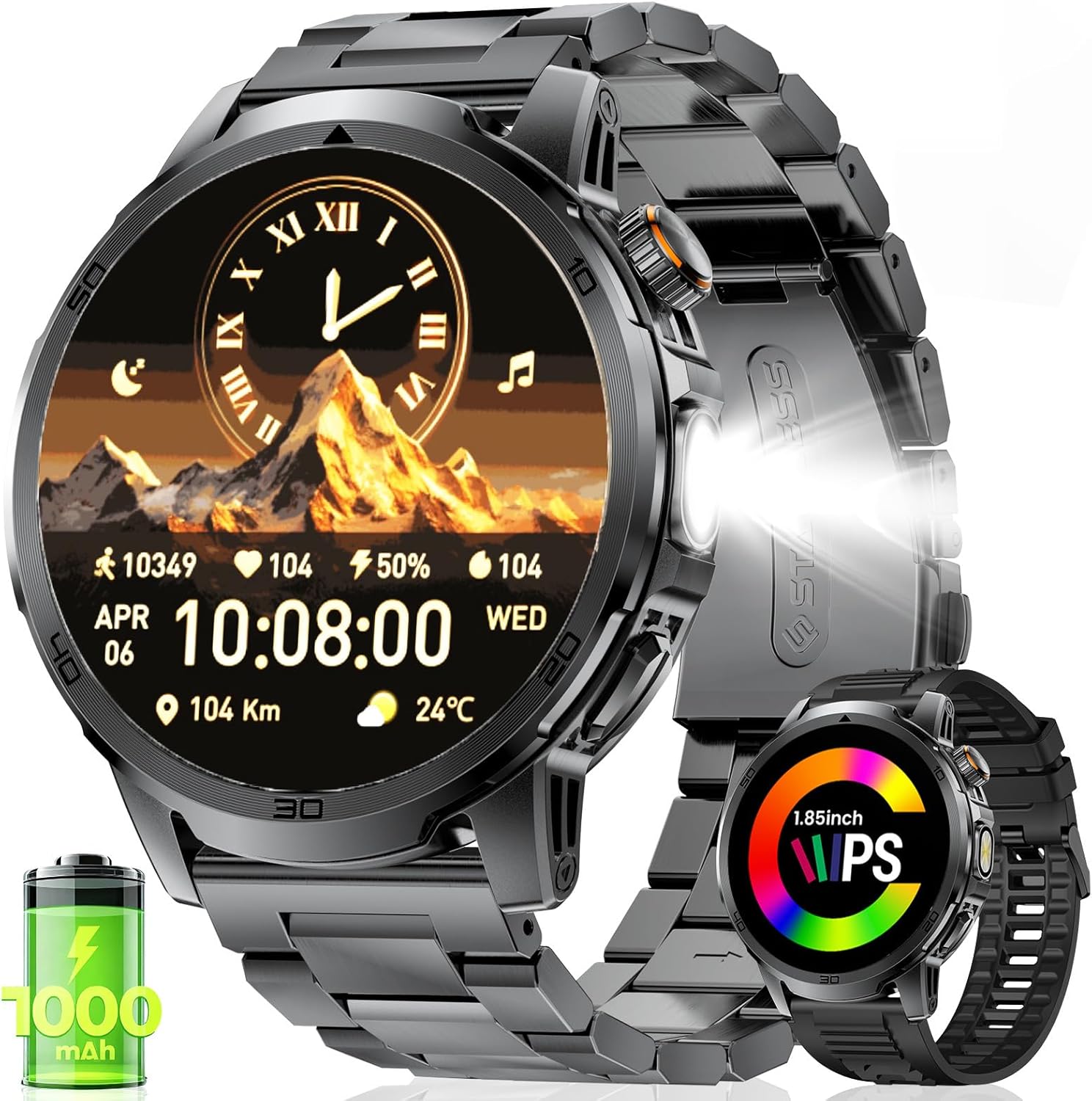 Men's Smartwatch with 1000mAh Battery, 1.85'' HD Screen, LED Light, Heart Rate & Sleep Monitor, 110+ Sport Modes, IP68 Waterproof for Android/iOS, Black