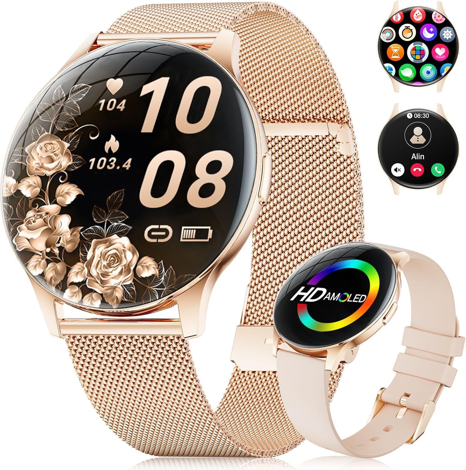 Smartwatch Women's Connect, 1.43" AMOLED Screen / Bluetooth Calls / Over 100 Sports Modes, Sleep/SpO2/Calorie/Heart Rate Monitor for Android iOS Rose Gold