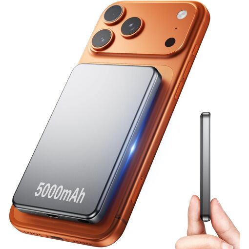 Batería externa magnética Kalanka Mini, 5000 mAh, carga rápida de 15 W PD, compatible con iPhone 16 Plus/Pro Max 15/14/13/12 - Plata