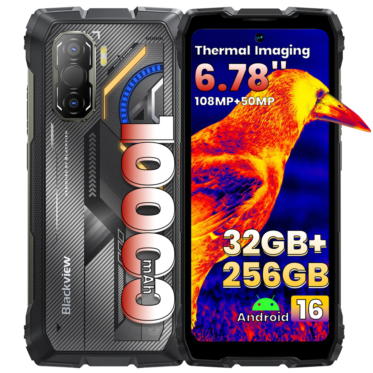 Blackview ROCK 3 Unbreakable Smartphone, 6.78" FHD+ Display, 108MP+50MP Cameras, 10000mAh Battery, Android 16 - Black